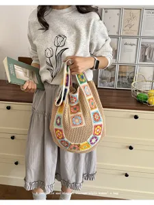 Vintage crochet tote bag, handmade floral patchwork shoulder bag for summer beach daily use.
