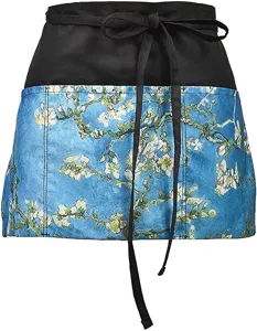Short waist apron with artistic print, multi-pockets polyester half apron for chef work.