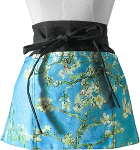 Half body waist apron with classic art print, black adjustable waistband, durable polyester.
