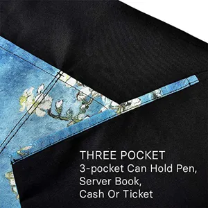 Black polyester half apron with blue artistic pocket, three pockets design for server work.