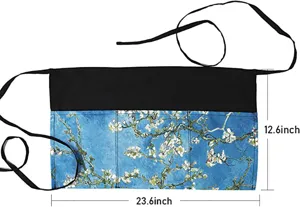 Adjustable half waist apron with famous art floral print, multi pockets, durable polyester.