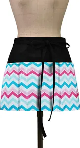 Waist apron with multi pockets and colorful chevron pattern, adjustable black ties for work.