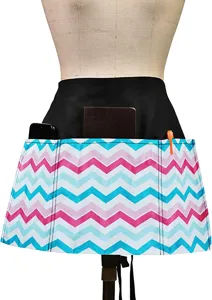 Multi-pocket half waist apron with chevron print, practical work apron for daily use and service.