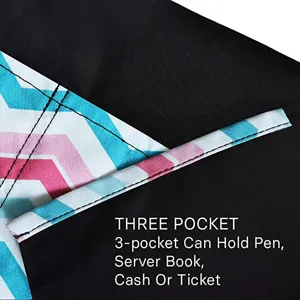 Black half apron with multi pockets detail shot, durable polyester server apron for restaurant work.