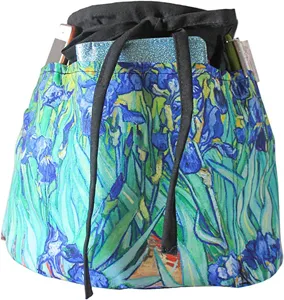 Multi-pocket half apron with artistic blue iris floral print, practical for daily work.