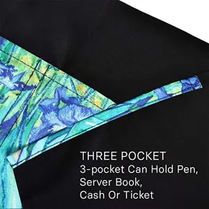 Detail shot of the multi-pocket server apron pocket, showing durable polyester and artistic print.
