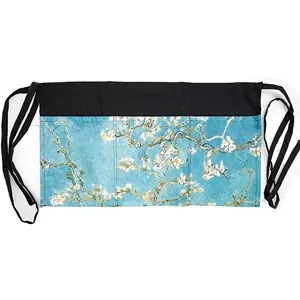 Van Gogh Almond Blossoms print waist apron with multiple pockets and black ties for work.