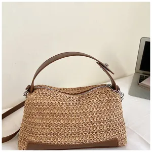 Bolso bandolera de paja tejida con ribete de cuero PU marrón, ideal para las vacaciones de verano.
