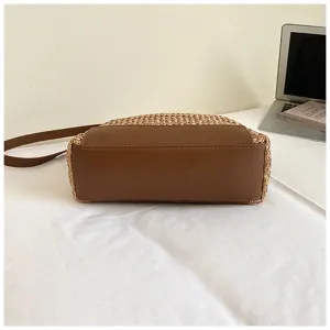 Bolso de hombro de paja de verano con fondo de cuero PU marrón, bolso tejido de playa casual.