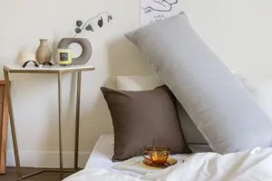 Soft plush body pillow and square throw cushion for bedroom bed or living room sofa decor.
