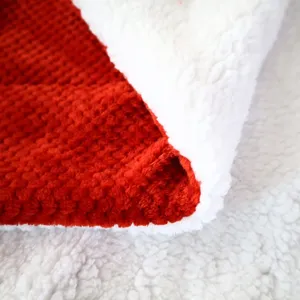 Detailed close-up view of red and white double-sided flannel fleece blanket fabric texture.