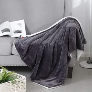 Dark grey flannel throw blanket for sofa, cozy double-sided waffle fleece home blanket.