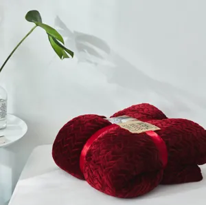 Red flannel cable knit throw blanket for sofa, soft cozy warm fuzzy blanket for home bed.