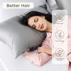 Housse de coussin en satin de soie gris lisse soin des cheveux anti frisottis sommeil