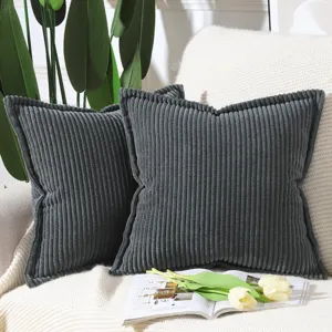 Dark grey corduroy throw pillow cover set, modern minimalist striped cushion case for sofa home decor.