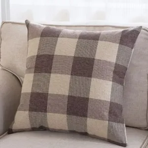 Brown and beige buffalo check throw pillow cotton linen square cushion for sofa home decor.