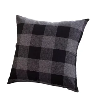 Black and grey plaid throw pillow, square cotton linen cushion for sofa and bed decoration.