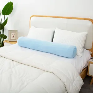 Long body pillow for sleeping, soft blue cylindrical plush design detail view for comfort.