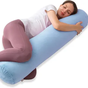 Comfortable long cylindrical body pillow for side sleepers and pregnant women, soft blue.