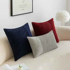 Modern corduroy splicing throw pillow for living room sofa, cozy decorative square cushion.