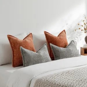 Strukturierte Chenille Zierkissen Set, orange Kissen und graues Lendenkissen fuer das Bett.