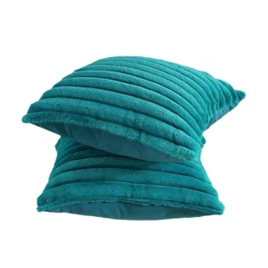 Teal faux fur striped throw pillow set, soft plush cushion for sofa and bed home decor.