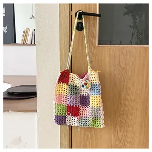 Sac cabas crocheté coloré pour femmes, sac à épaule tricoté à la main, sac décontracté élégant.
