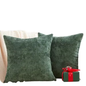 Fodera per cuscino in ciniglia verde scuro, federa lavorata a nido d'ape per divano e letto.