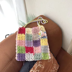 Sac Cabas Décontracté pour Femme en Fil Tissé Patchwork À Carreaux Évidé Sac À Épaule Bandoulière Unique Crocheté À La Main Multicolore Sac de Vacances À La Plage