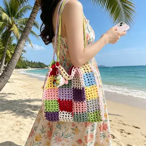 Sac cabas crochet coloré femme plage d'été sac épaule tricoté sac à main creux décontracté