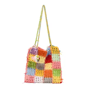 Sac cabas coloré crocheté à la main pour femmes, sac d'épaule tricoté ajouré élégant.