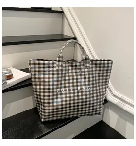 Stylish plaid tote bag for women, large capacity canvas handbag, casual daily shoulder bag.