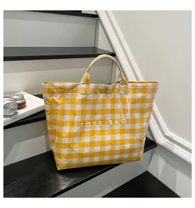 Yellow and white checkered tote bag, clear PVC coated canvas, large capacity casual handbag.