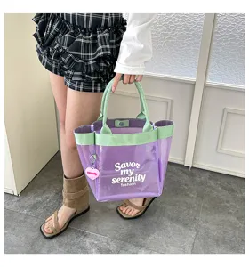 Transparent mesh tote bag, purple and green handbag, large capacity casual shoulder bag.