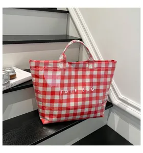 Red white gingham tote bag large capacity canvas handbag casual shopper bag detail view