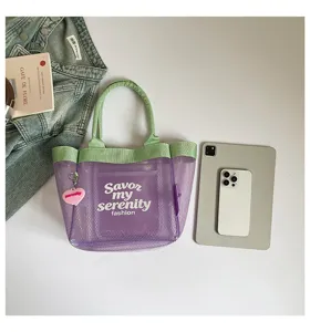 Stylish purple mesh tote bag with green handles and fashion letter print, large capacity.