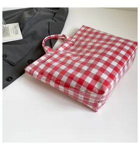 Red white plaid tote bag large capacity canvas handbag casual shopper bag cute storage bag
