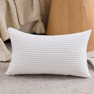 White corduroy rectangular throw pillow, Nordic style solid color sofa cushion detail view.