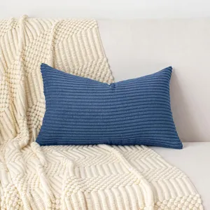 Solid blue corduroy throw pillow detail, textured fabric, Nordic style home decor cushion.