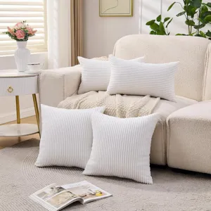 White corduroy pillow set, nordic style solid color square and lumbar cushions for sofa bed.