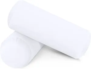 White cylindrical bolster pillow for neck, lumbar and knee support, comfortable sleep accessory.