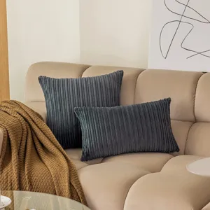 Dark gray corduroy throw pillow set, soft textured square and lumbar pillows for sofa decor.