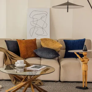 Detailed view of soft corduroy throw pillow in cozy living room sofa setting texture.