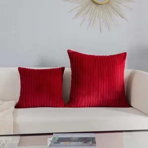 Red corduroy throw pillows set, soft decorative square cushion covers for sofa bed living room.