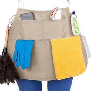 Delantal de cintura multi-bolsillos caqui para limpieza, delantal impermeable duradero.