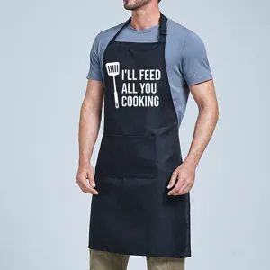 Black cotton cooking apron with funny letter print and front pocket for kitchen and restaurant work.
