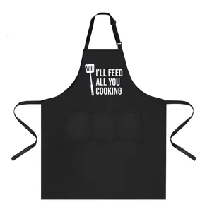 Black kitchen apron with front pockets and funny cooking text, comfortable fit detail.