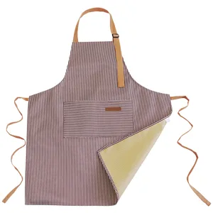 Tablier de cuisine rayé imperméable avec lanière de cou réglable et grande poche.