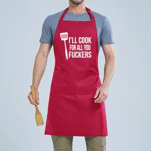 Red kitchen apron with funny text print, adjustable neck strap and front pocket for cooking.