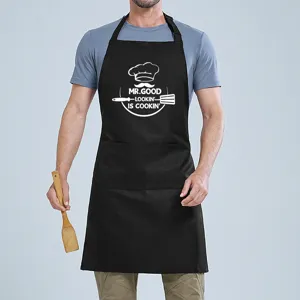 Adjustable neck strap black kitchen apron with funny chef print, pocket for cooking baking.